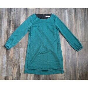 Ann Taylor Loft Dress Kelly Green Black Pattern Long Sleeve Satin Size 4 Pockets